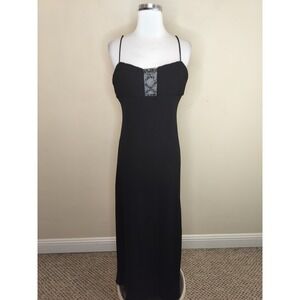 Vintage 90s Onyx Nite Maxi Prom Dress Beaded Sheer Mesh Neckline